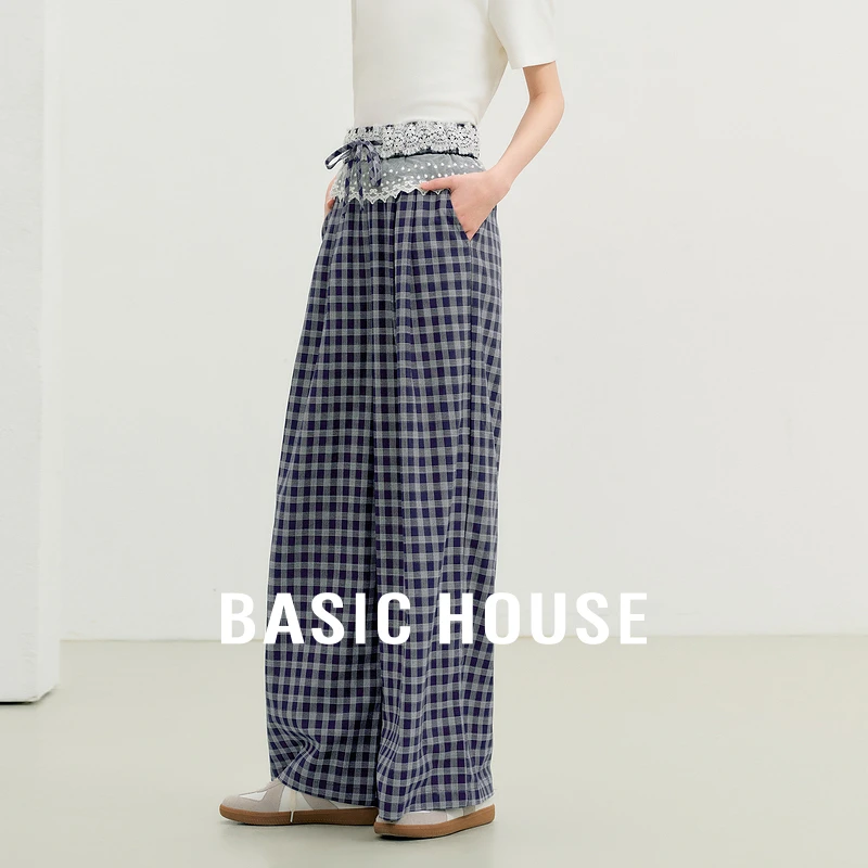 Basic House/百家好2025夏季慵懒风撞色格子裤蕾丝拼接抽绳休闲裤