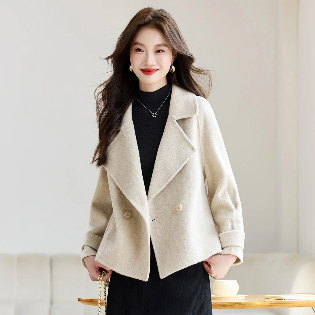 秋冬新款时尚双面呢羊毛大衣小个子双排扣女式毛呢外套
