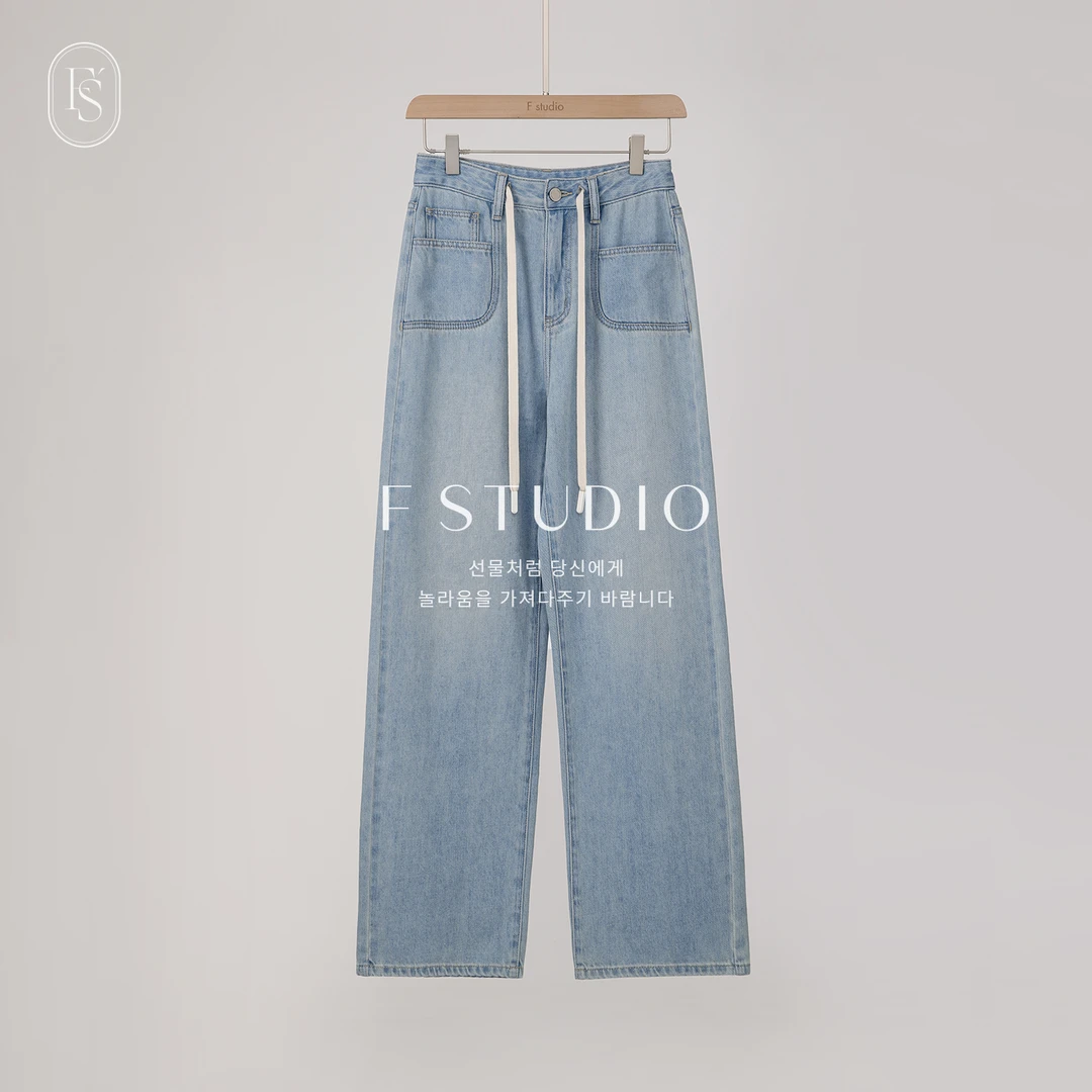 法儿家韩国限定【新品】【淡蓝铅笔】FS401X083抽绳牛仔裤