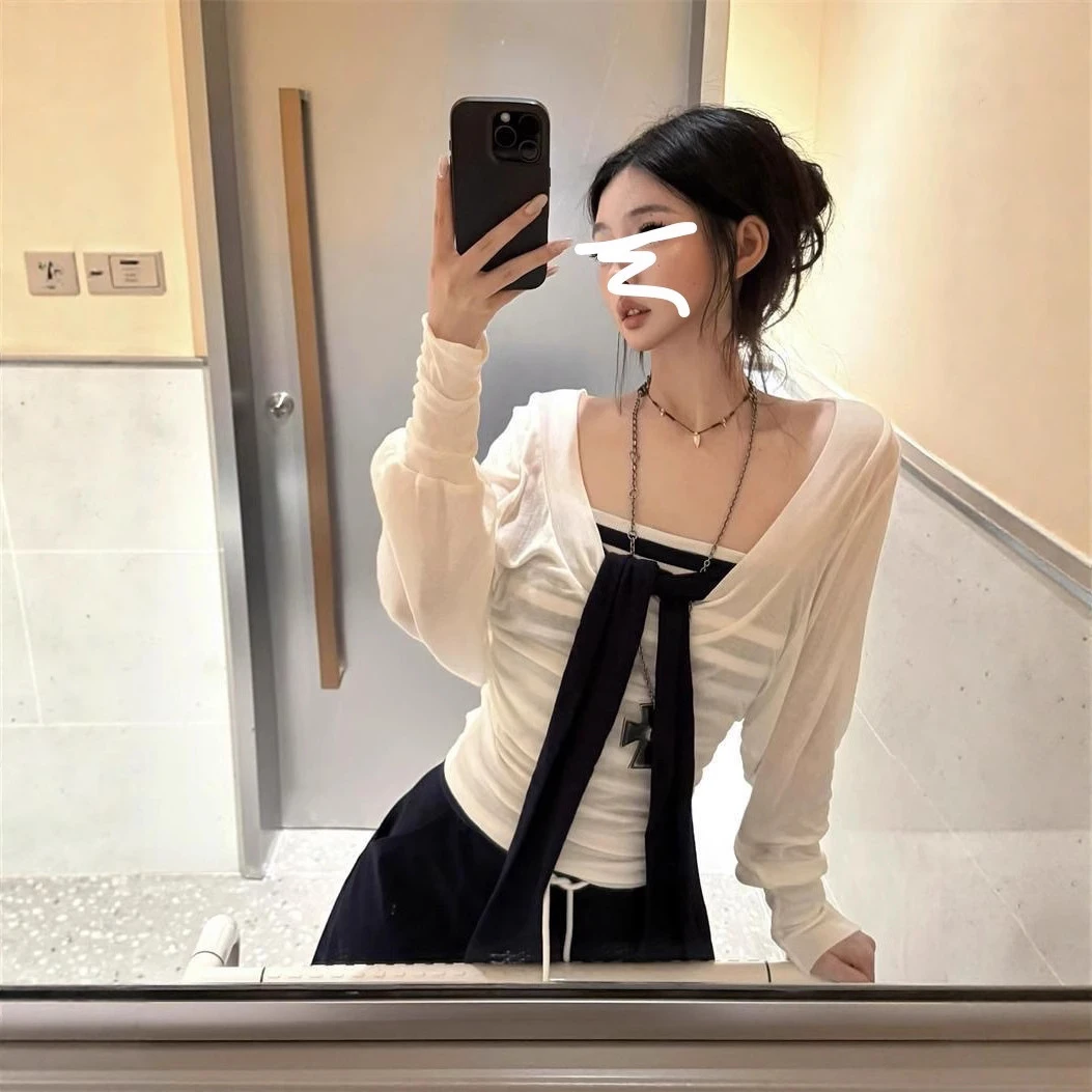 纯欲辣妹套装白色长袖罩衫T恤女秋季内搭条纹抹胸背心两件套上衣