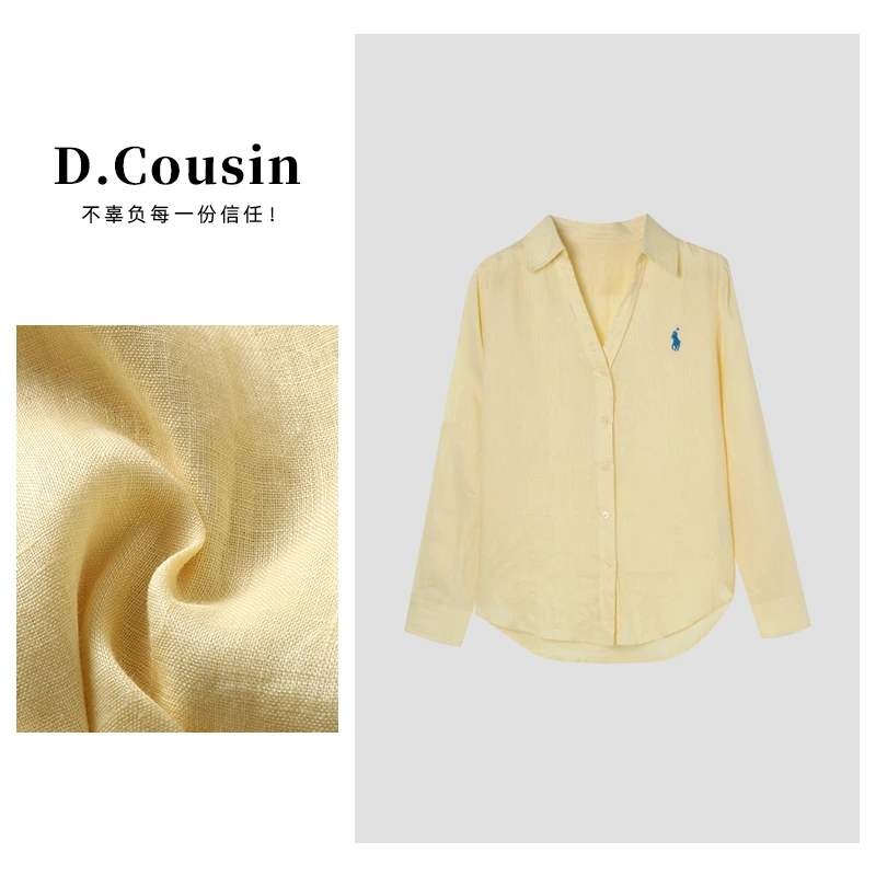 D.cousin  慵懒风长袖黄色衬衫女春季新款polo领宽松2159