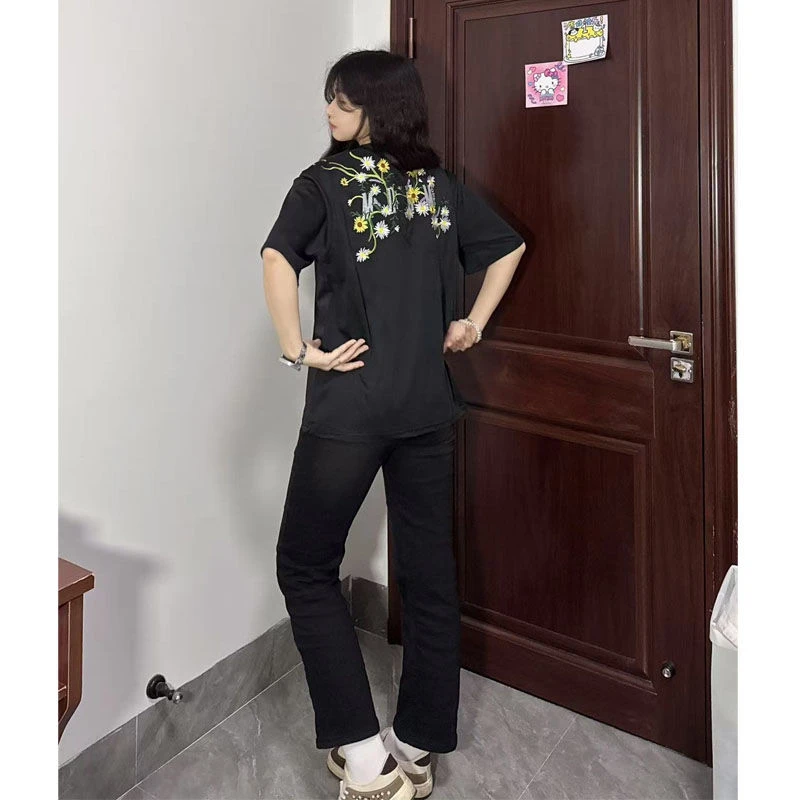 欧美潮牌小雏菊刺绣短袖T恤男女夏季设计感小众高街半袖体恤上衣