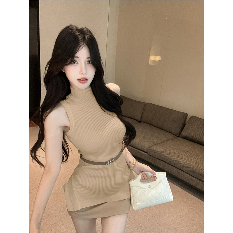 法式设计感小众不规则下摆针织背心女修身显瘦上衣短款半身裙套装