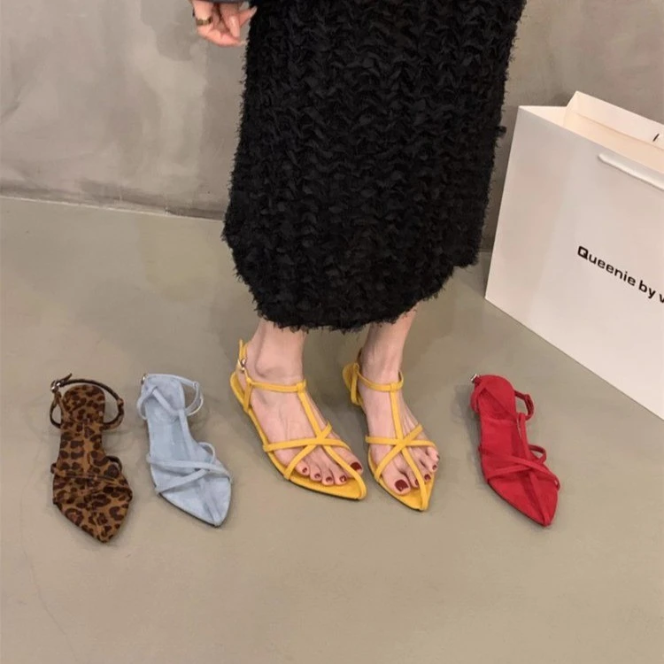 法式气质绒面尖头十字带坡跟凉鞋女2025年夏季新款一字带平底凉鞋