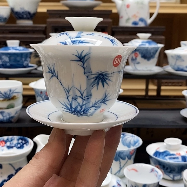 手绘微瑕竹子盖碗