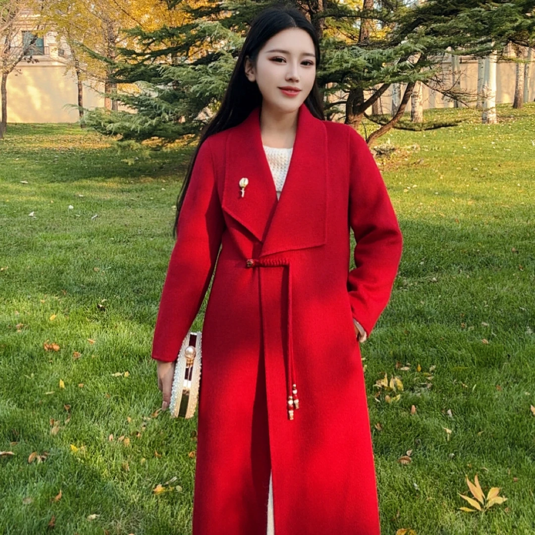 2025新款中长款修身显瘦翻领系带双面毛呢大衣秋冬款