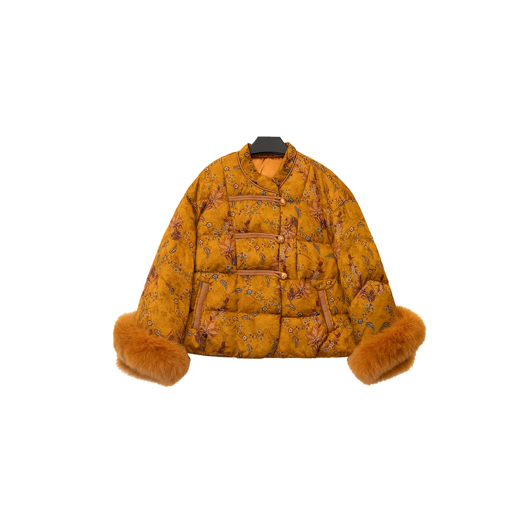 【锦棠】新中式国风2025款狐狸毛白鹅绒拼接羽绒外套G9098