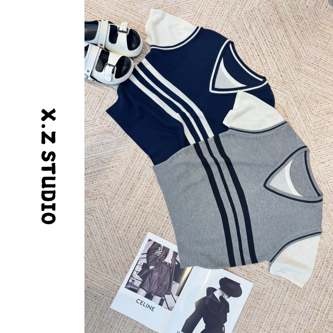 X.ZHEN【撞色假两件拼接针织衫】上衣女夏季针织衫休闲百搭显瘦针织