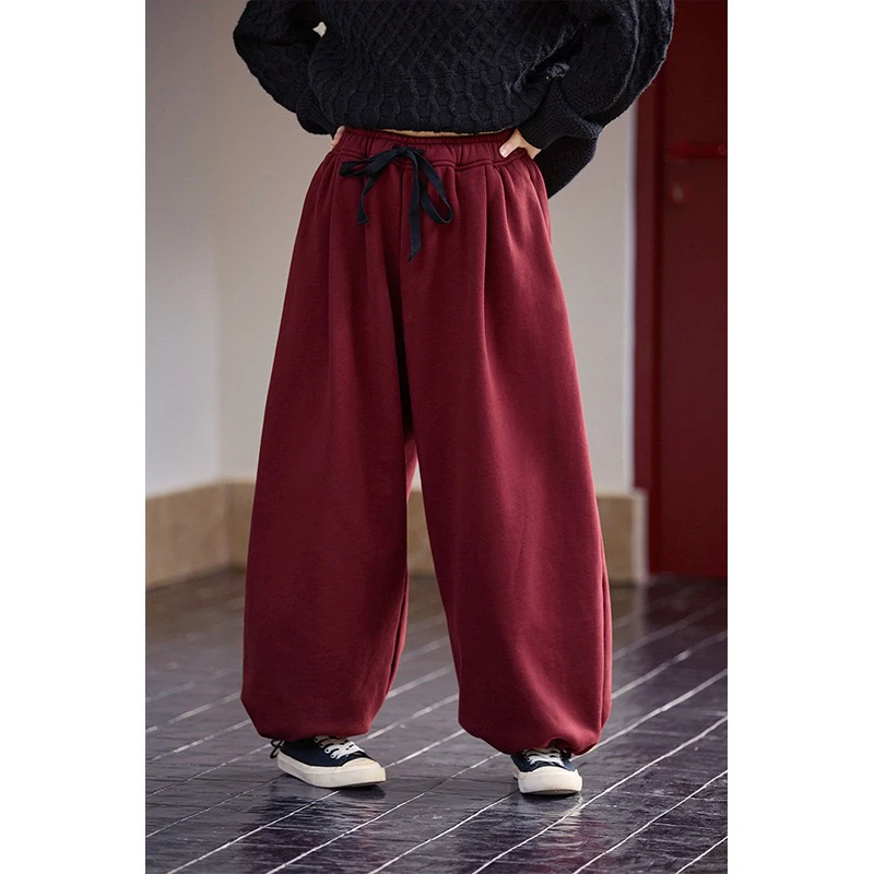【高定】秋冬文艺复古暗酒红棉松紧腰休闲长裤束口百搭运动针织卫裤
