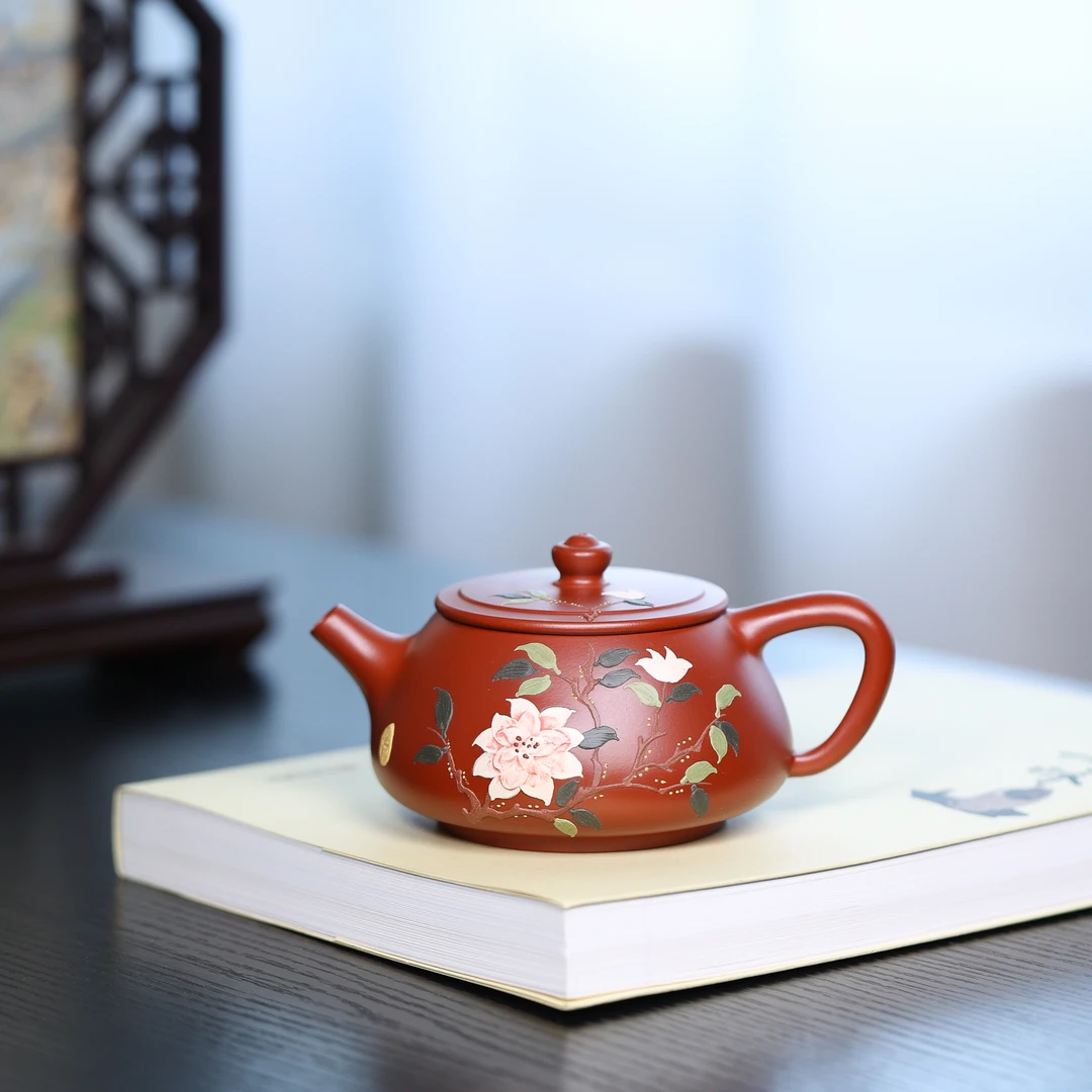 宜兴正宗原矿紫砂壶朱泥大红袍聚宝瓢纯手工堆绘泥绘牡丹花石瓢壶