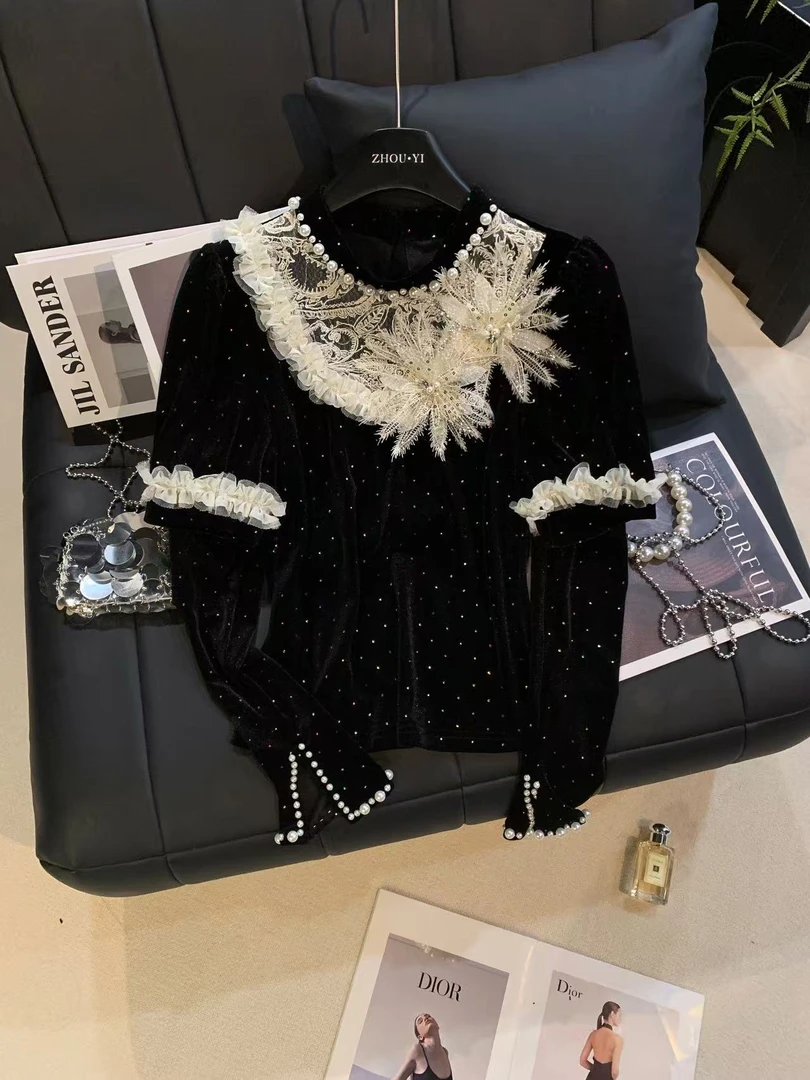 ZHOUYI/周一 秋季新款蕾丝花朵袖口珍珠宫廷风黑丝绒蕾丝珍珠针织