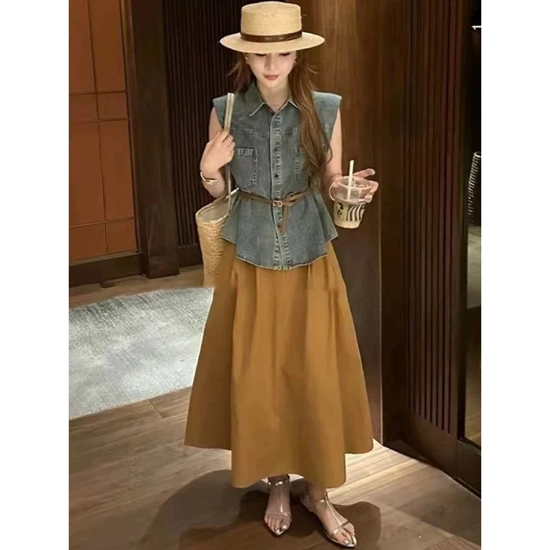 《雨桐精选4.16》复古翻领无袖马甲+半身裙套装-1273