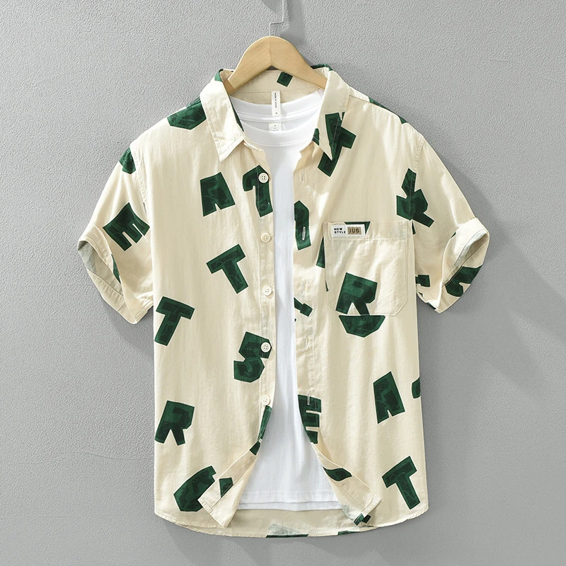 Cebrodz夏季个性印花短袖衬衫男士时尚百搭休闲宽松舒适透气衬衣