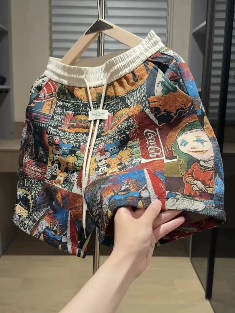 夏季新款随机漫画图案提花短裤时尚潮流宽松个性美式针织五分裤子