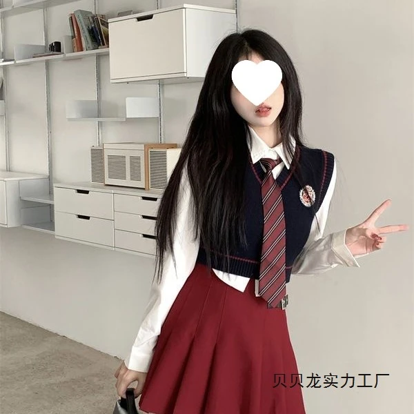 元气满满~学院风jk制服套装秋季领带衬衫针织马甲半身裙三件套
