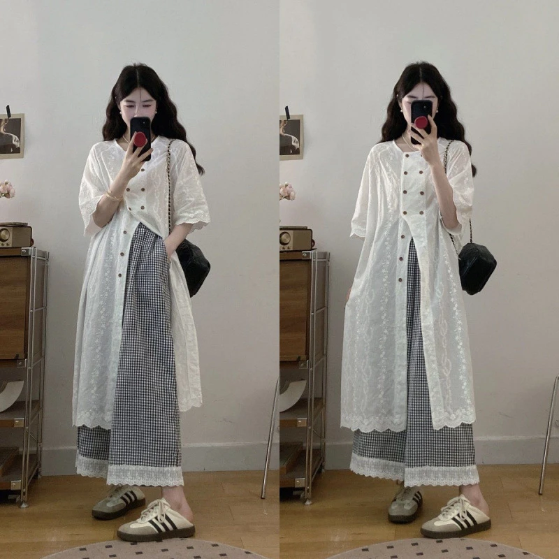 大码胖MM法式连衣裙女装夏季遮肚子显瘦梨形身材格子阔腿裤子套装
