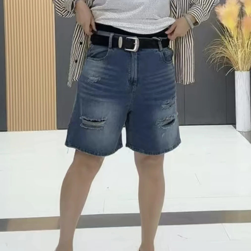 时尚大码夏季新款百搭A字版破洞牛仔短裤- QG-3171