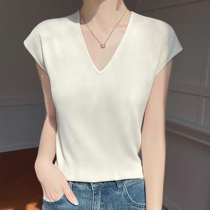V领曲珠短袖女T恤夏季薄款短款小飞袖上衣宽松显瘦时尚百搭针织衫