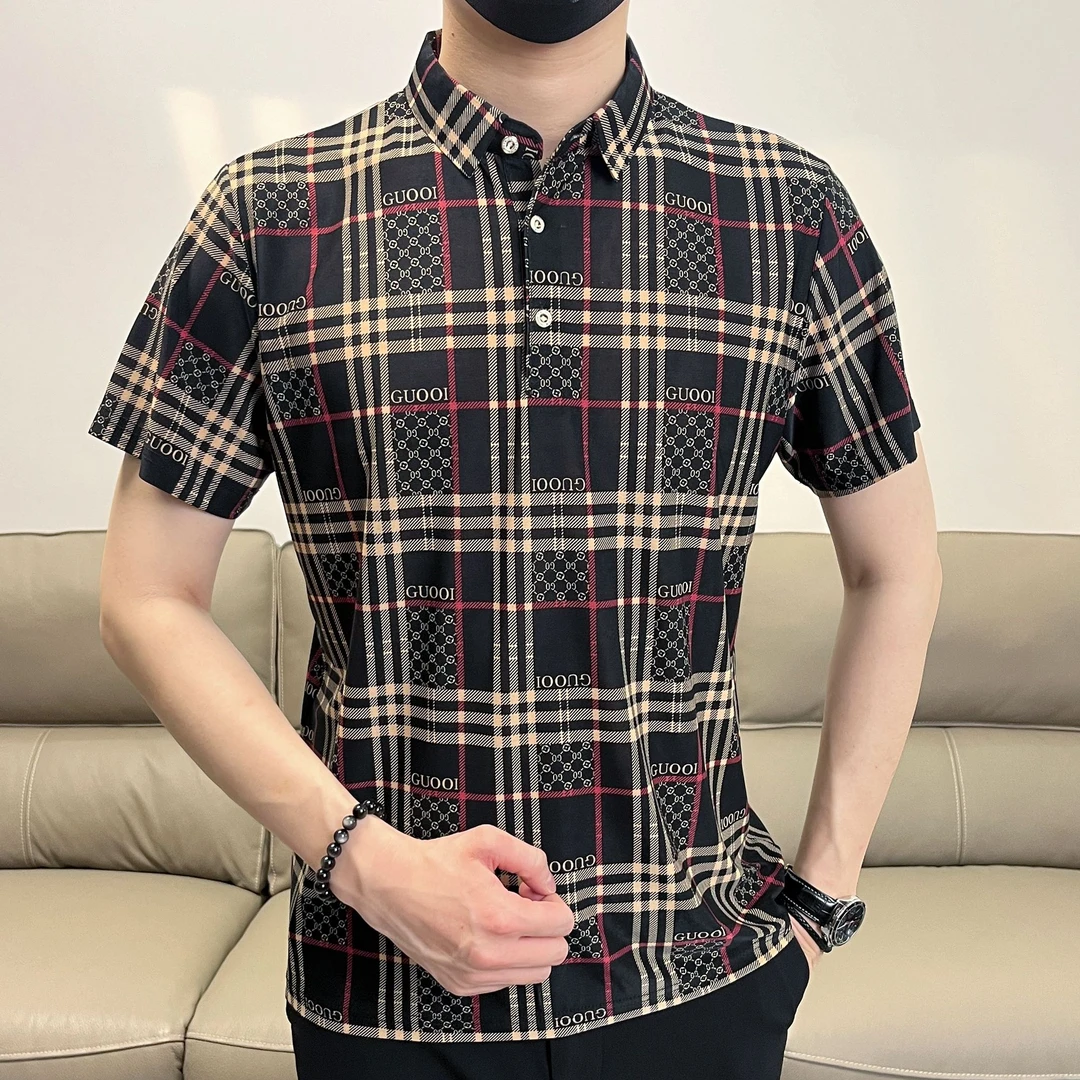 格子短袖polo衫男衬衣上衣夏季中年宽松翻领时尚薄款无痕冰丝衬衫