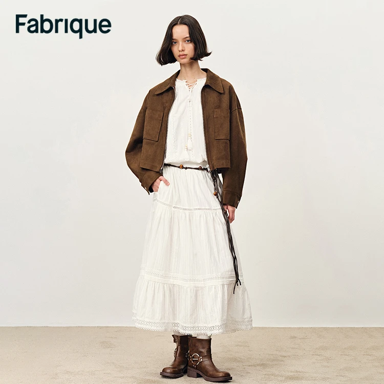 【达人专享】Fabrique【吴宣仪同款】流光风焦糖棕仿麂皮绒拉链短夹克