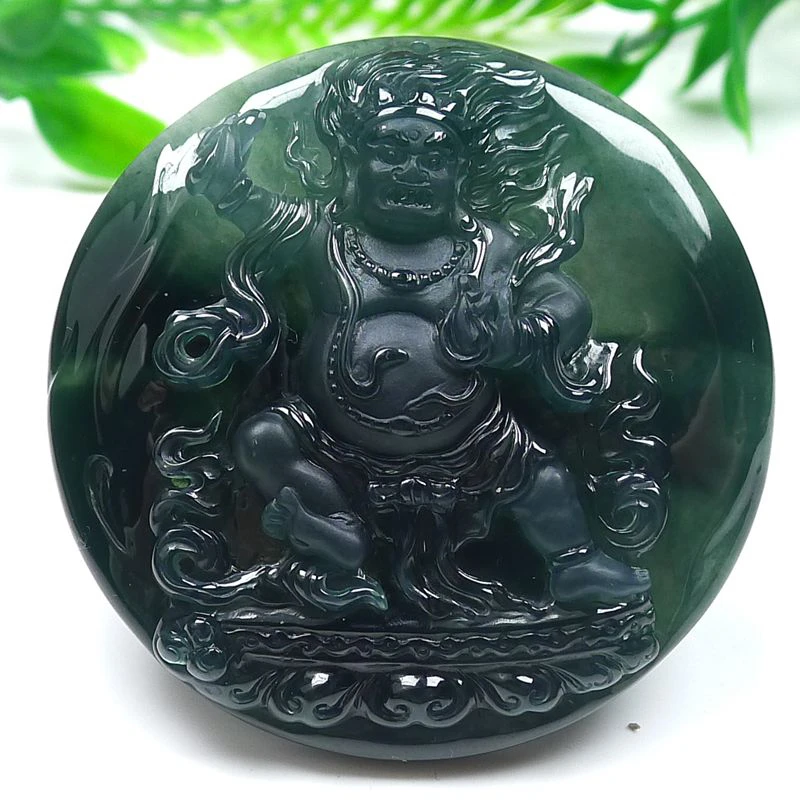 天然A货翡翠冰种老蓝水圆牌大黑天菩萨挂件普度众生尺寸52-12mm