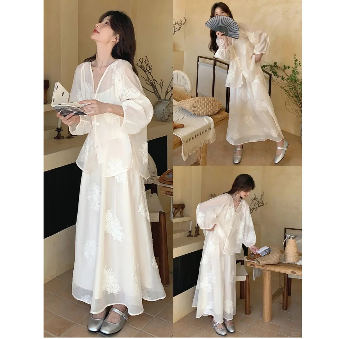 新中式国风夏季刺绣盘扣长袖罩衫高腰垂感禅意半身裙时尚两件套