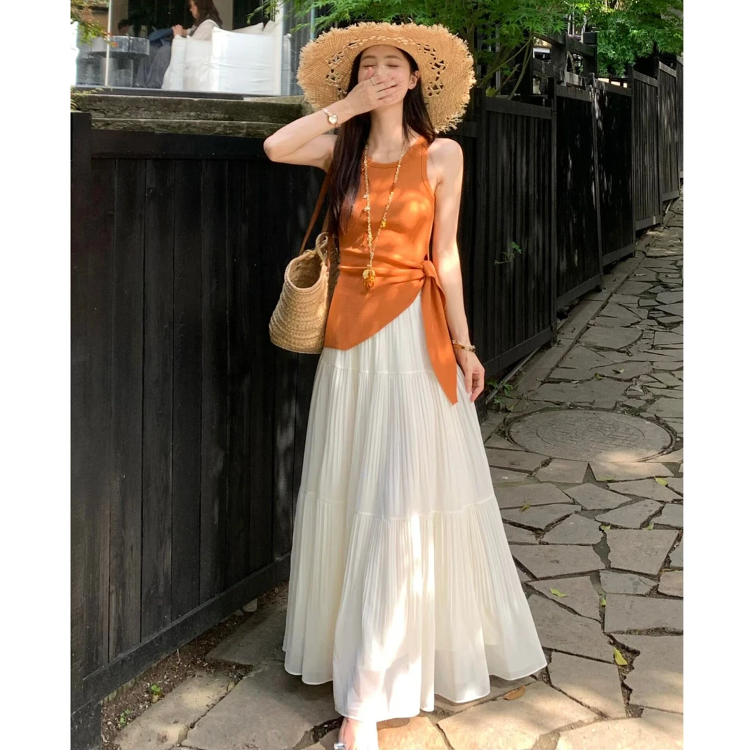 时尚套装不规则系带无袖吊带背心女夏季垂感半身裙休闲两件套