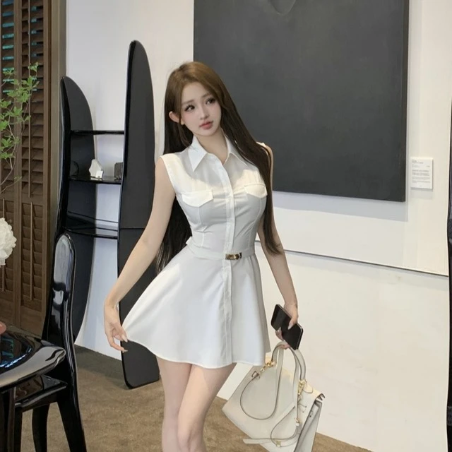 韩系性感气质polo领衬衫裙女收腰显身材纯欲辣妹无袖性感连衣裙子