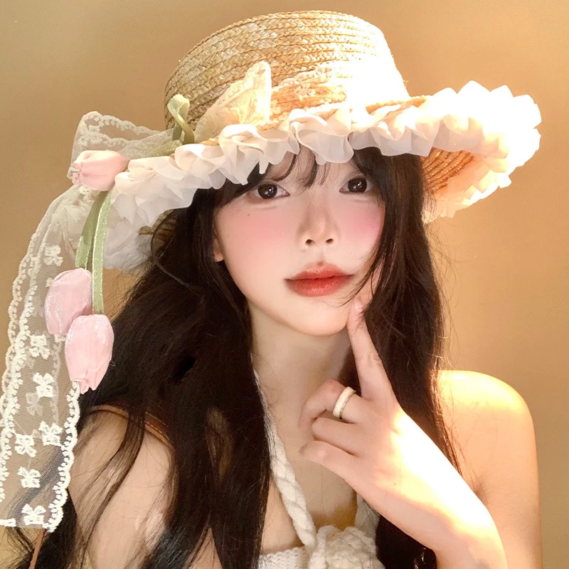 纯萃美蕾丝编织郁金香草帽女夏季度假海边户外遮阳防晒网红帽子