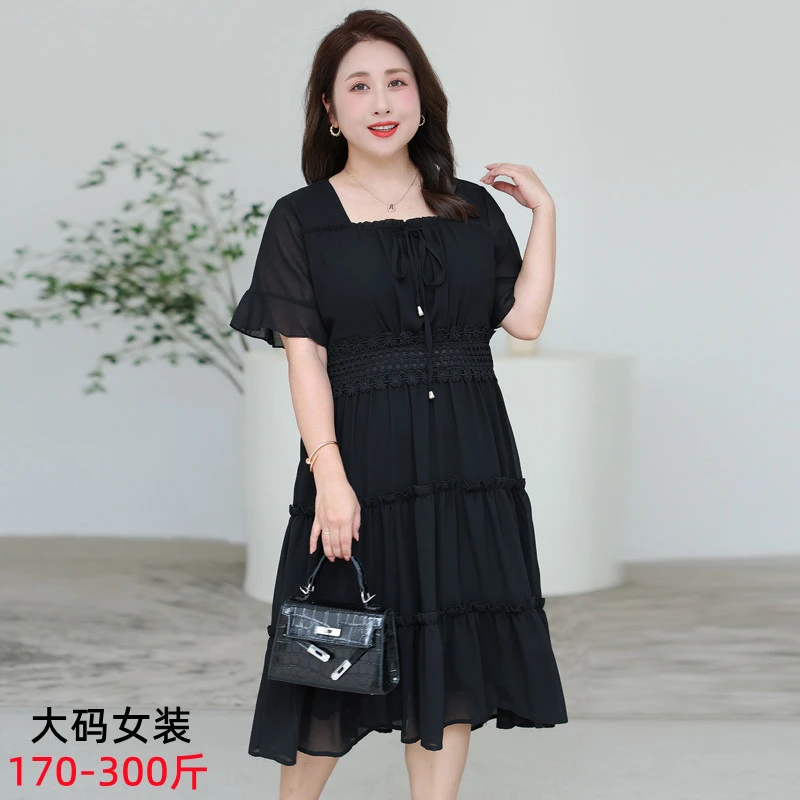 雪纺连衣裙女夏新款大码修身收腰显瘦气质黑色夏天裙子