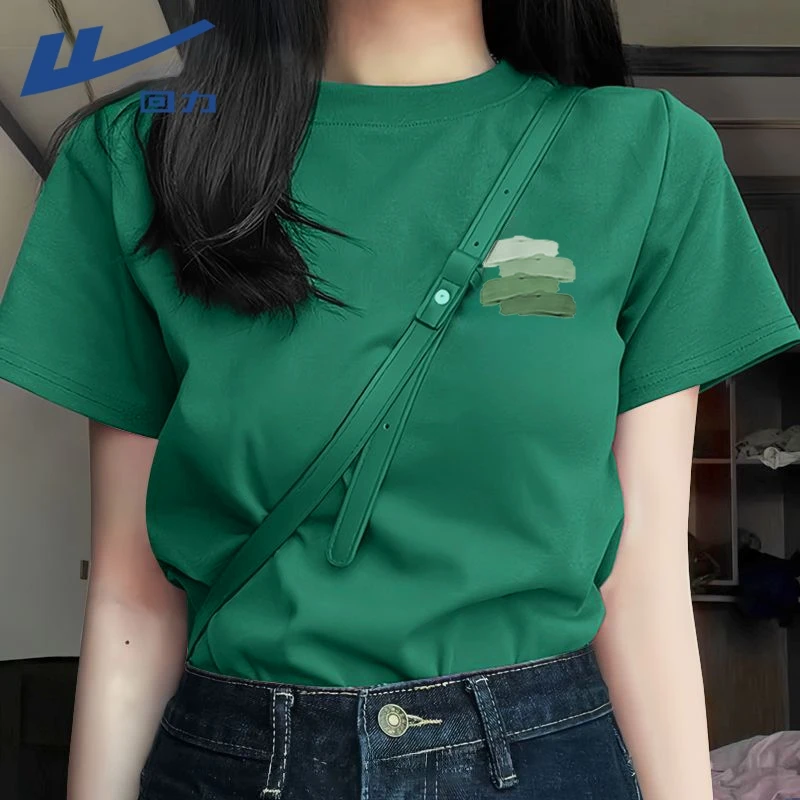 回力100%纯棉墨绿色短袖T恤女2025新款夏宽松设计感小众百搭上衣