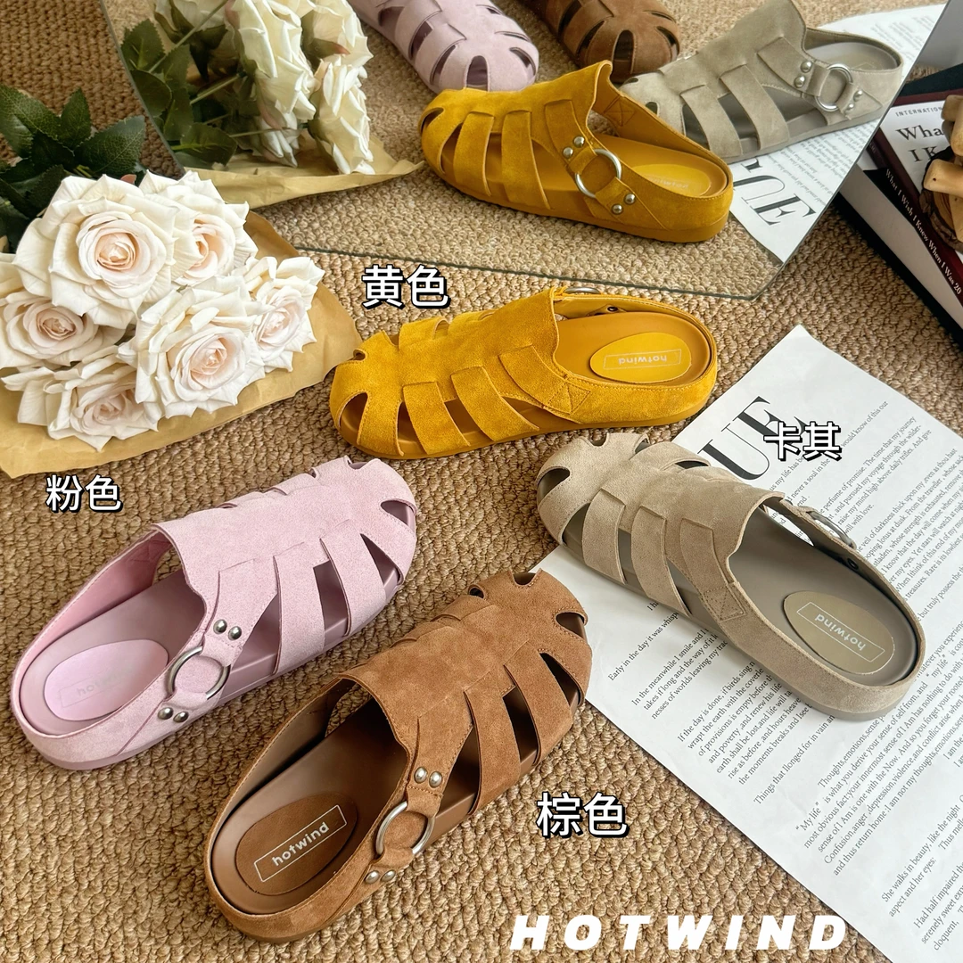 Hotwind/热风罗马镂空包头半拖鞋女鞋子新款复古潮流慵懒厚底勃肯