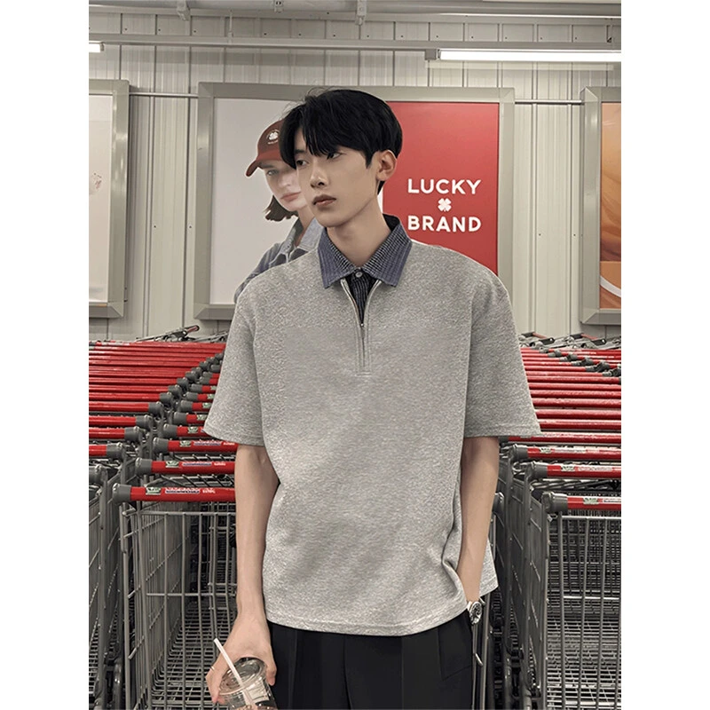 灰色假两件POLO衫短袖男款夏季半拉链翻领T恤痞帅学院风半袖上衣