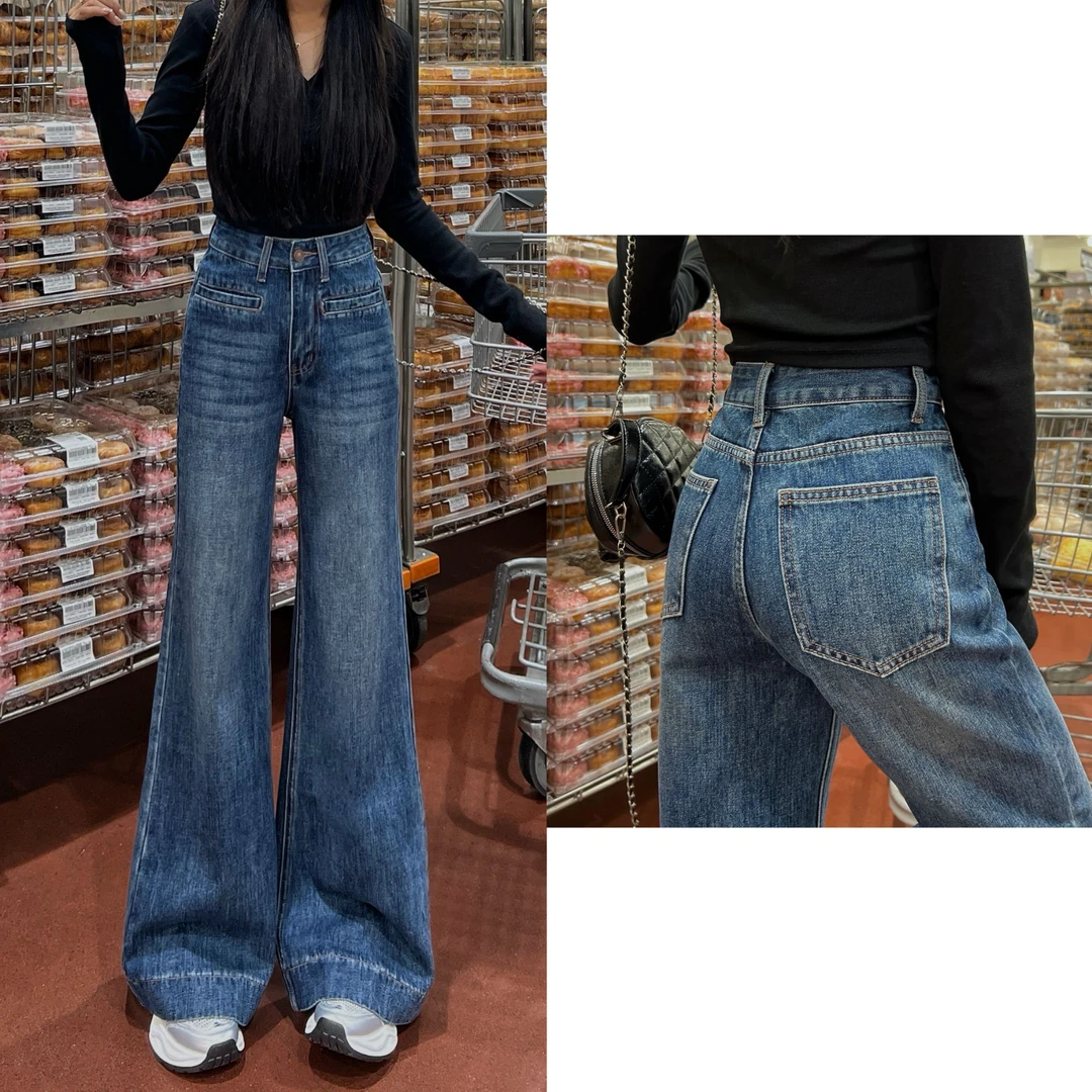 【送腰带】早秋新款复古蓝微喇裤女设计口袋百搭宽松高腰显瘦牛仔裤