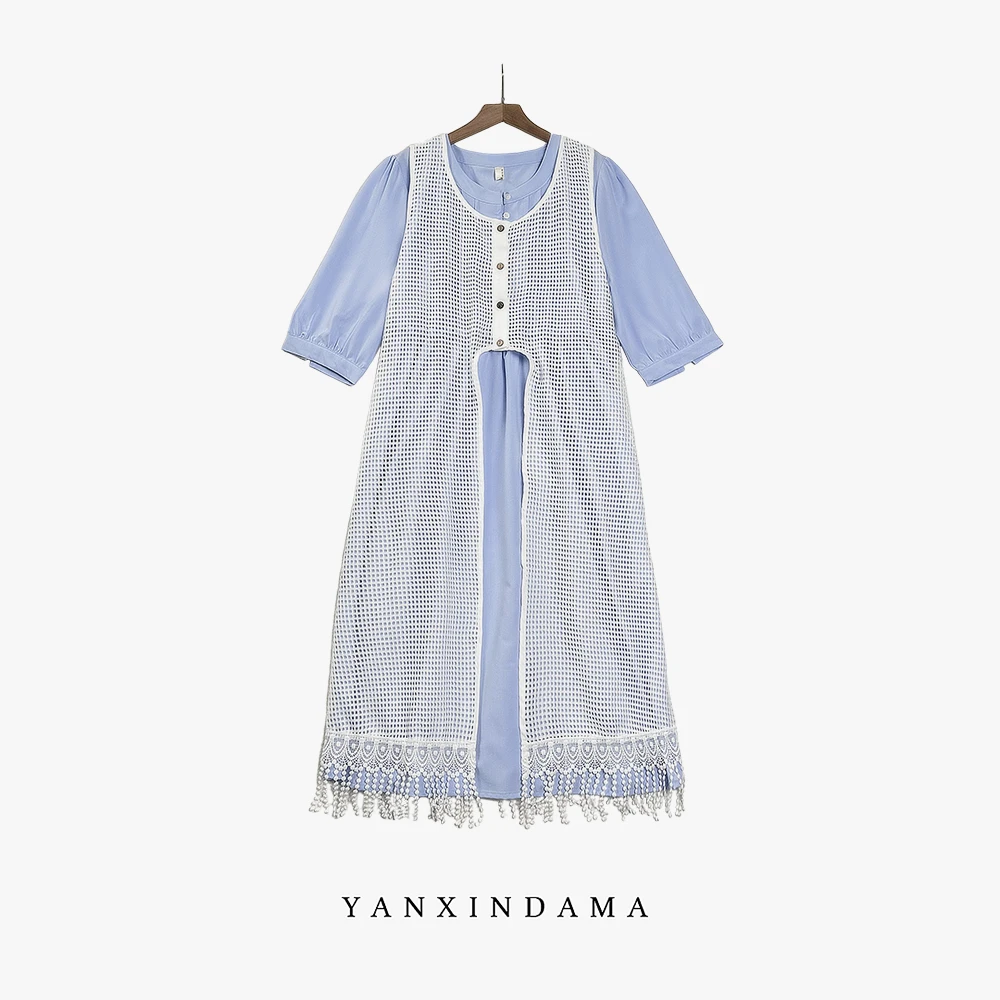 大码女装240斤胖MM时尚百搭流苏镂空罩衫纯色连衣裙套装8782AB