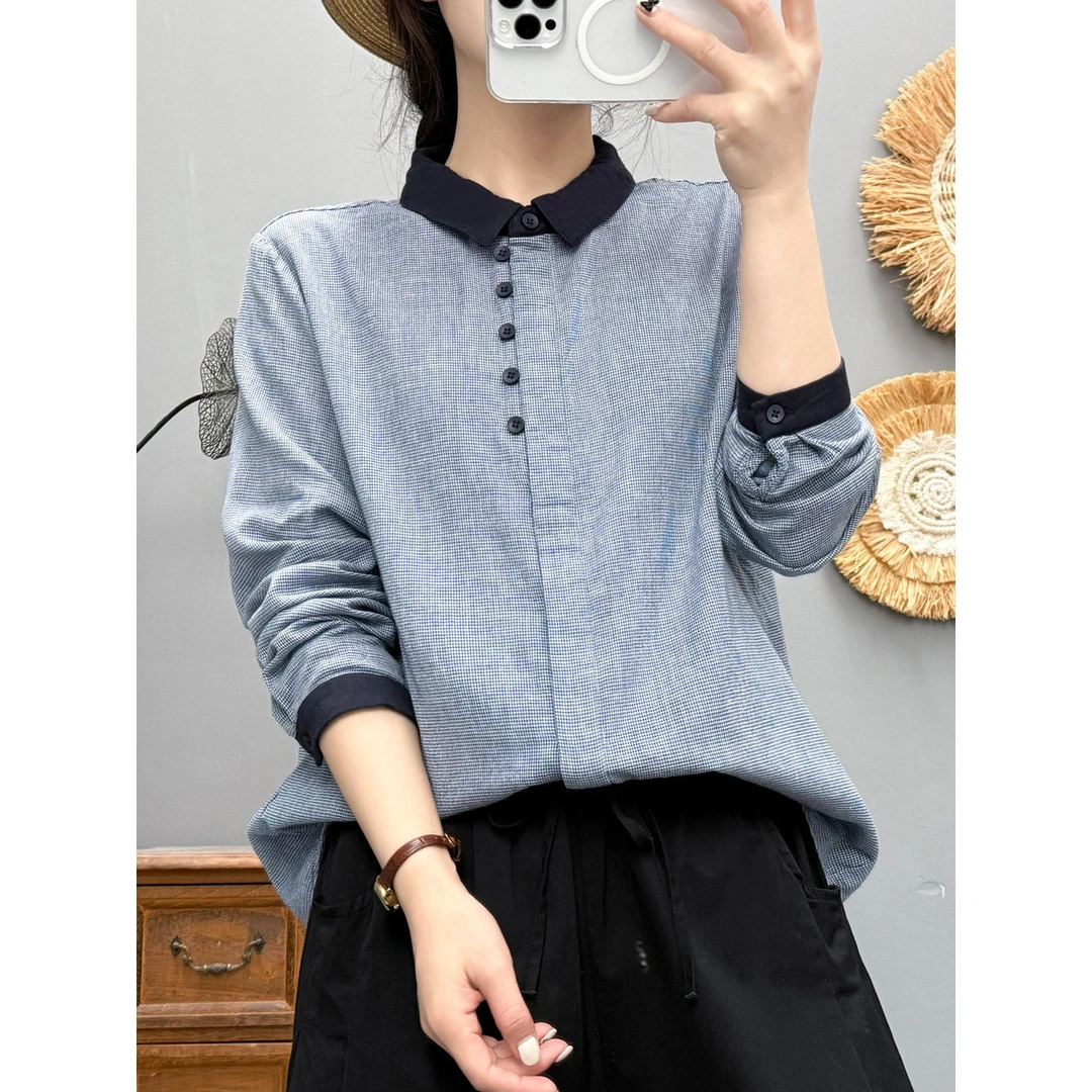拼色纽扣千鸟格双层棉纱衬衫2025春秋 女新款文艺休闲衬衣