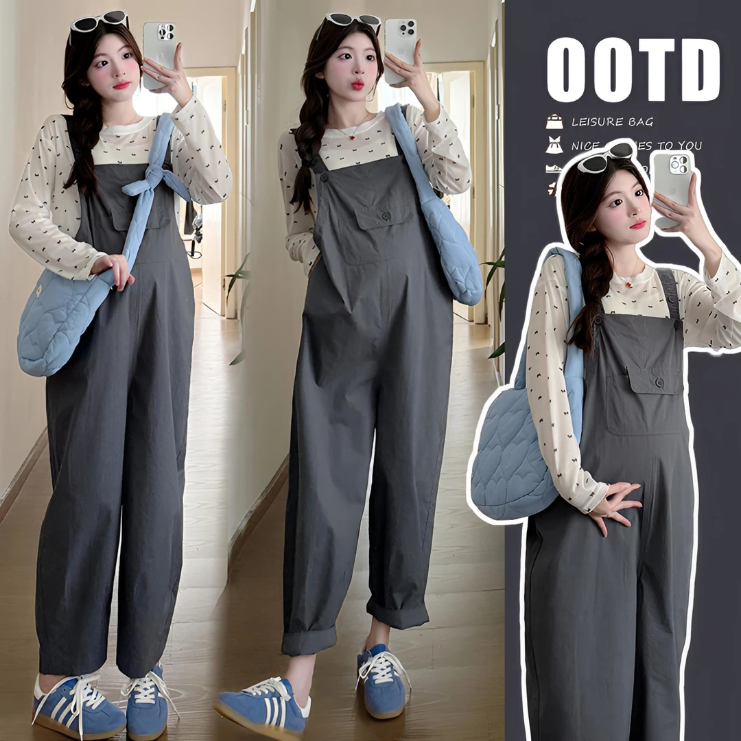 时髦孕妇装秋季新款时尚网红韩版休闲简约背带裤加蝴蝶结上衣套装