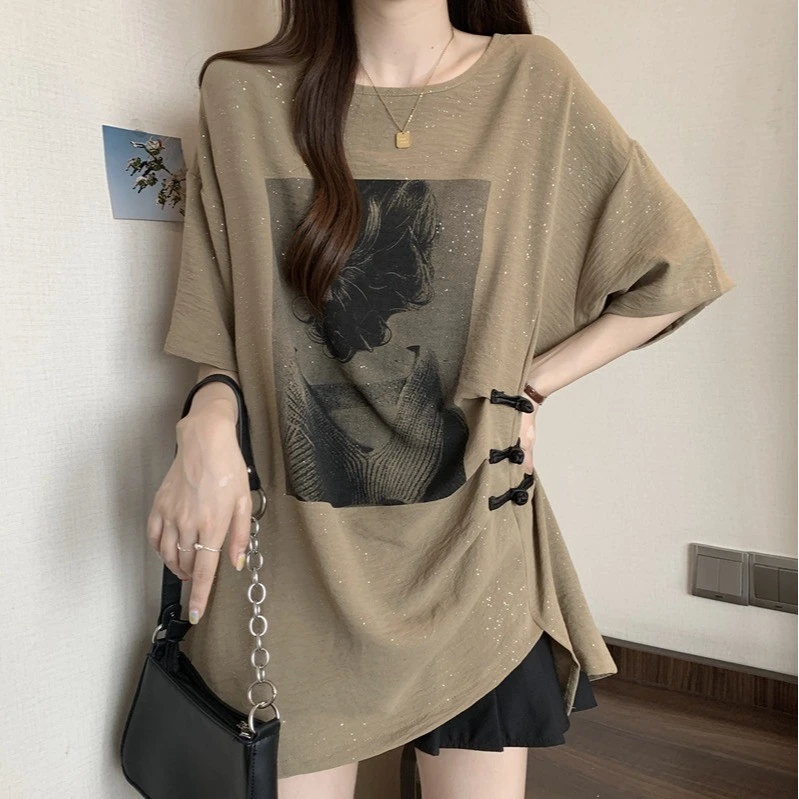遮肚子慵懒风盘扣印花短袖恤夏季微胖小众设计感不规则显瘦上衣