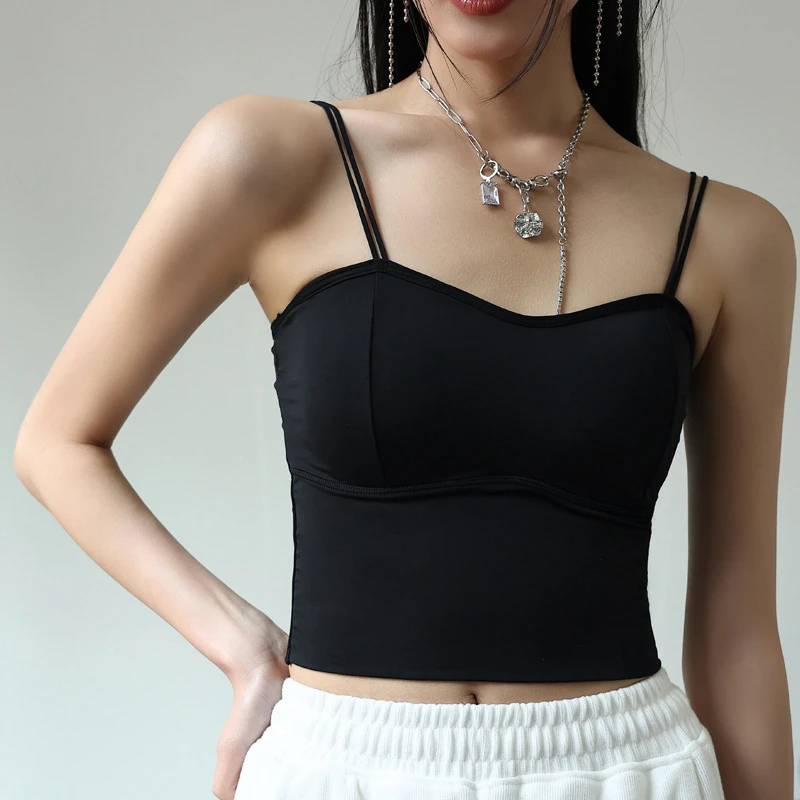 百搭双肩带冰丝带胸垫打底内搭女生小吊带黑色性感美背mm大码背心