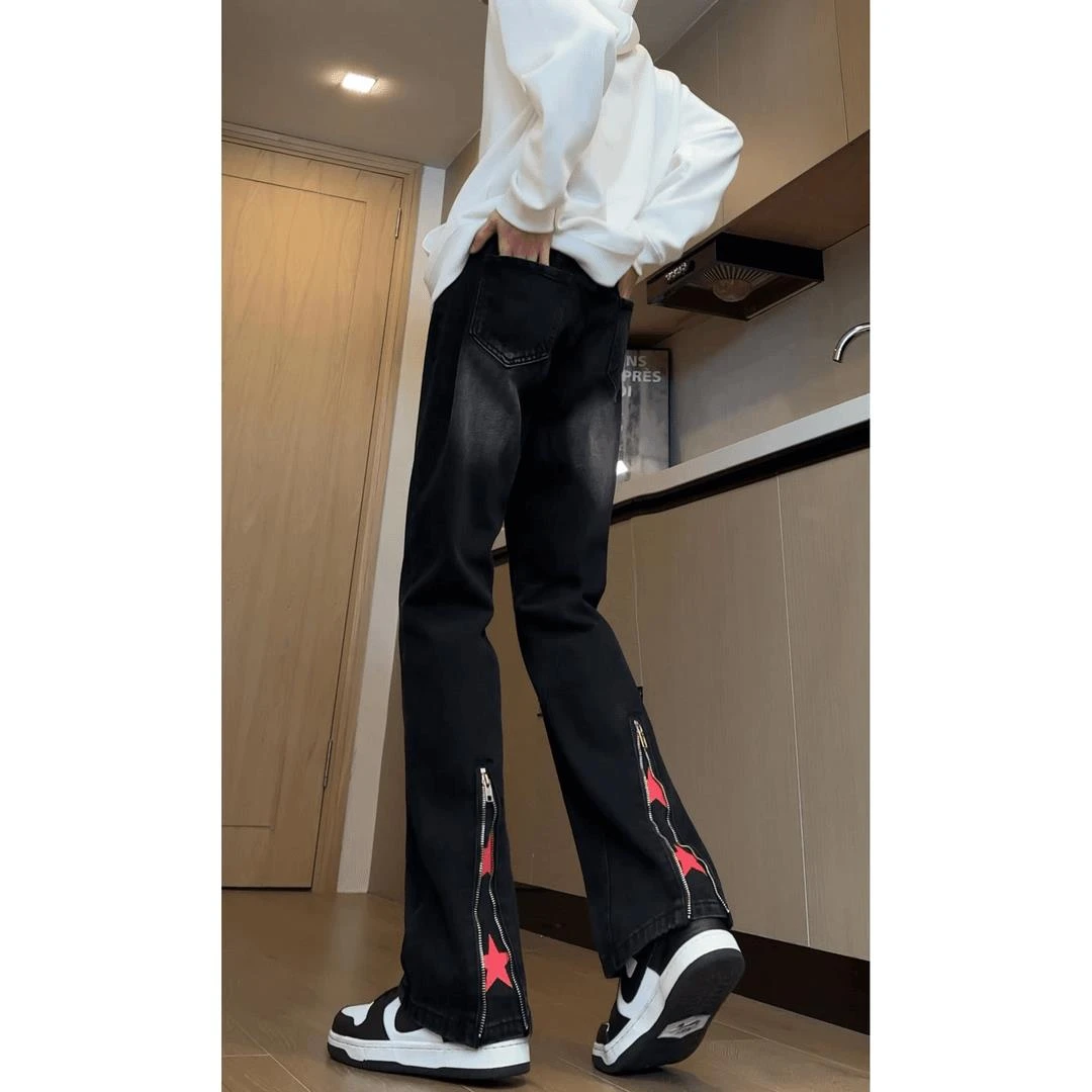 美式高街vibe裤子拉链黑色修身牛仔裤男款设计感直筒弯刀微喇裤