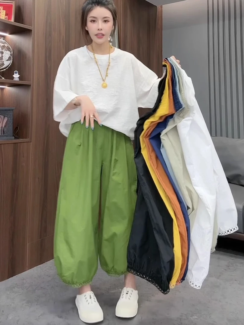 欧货2025新款百搭洋气薄款蕾丝花边灯笼裤九分速干阔腿休闲裤子女