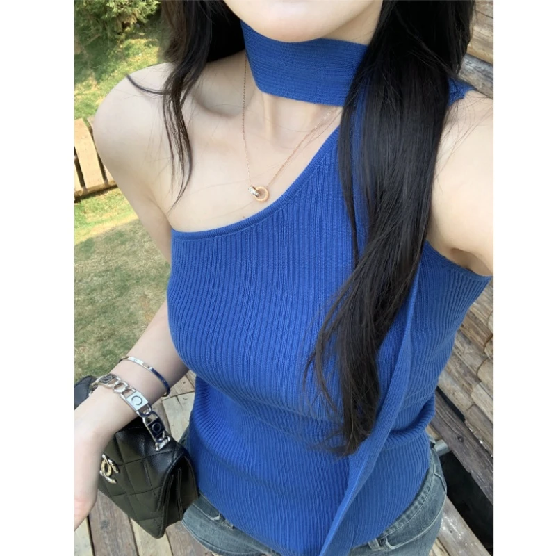 蓝色不规则飘带冰丝针织挂脖针织背心女2025夏季修身辣妹短款上衣
