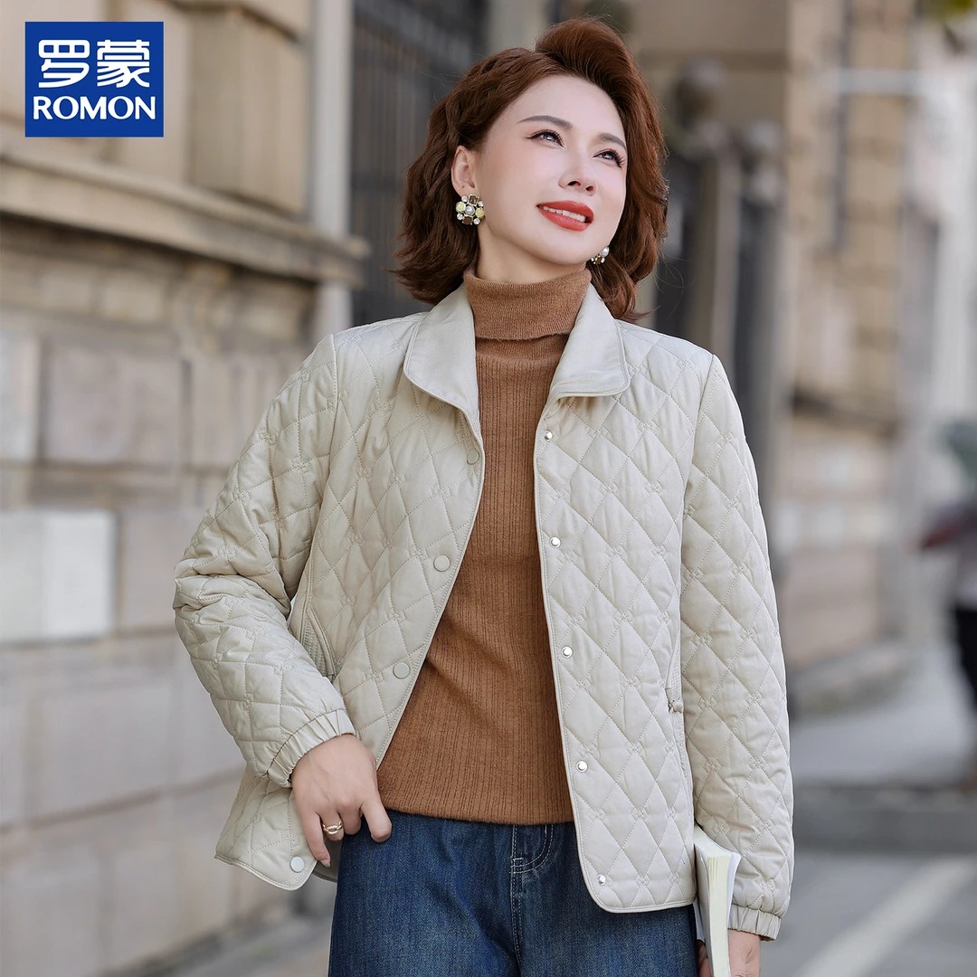 罗蒙时尚气质妈妈装中年纯色格纹翻领外套中老年女装冬季保暖棉衣