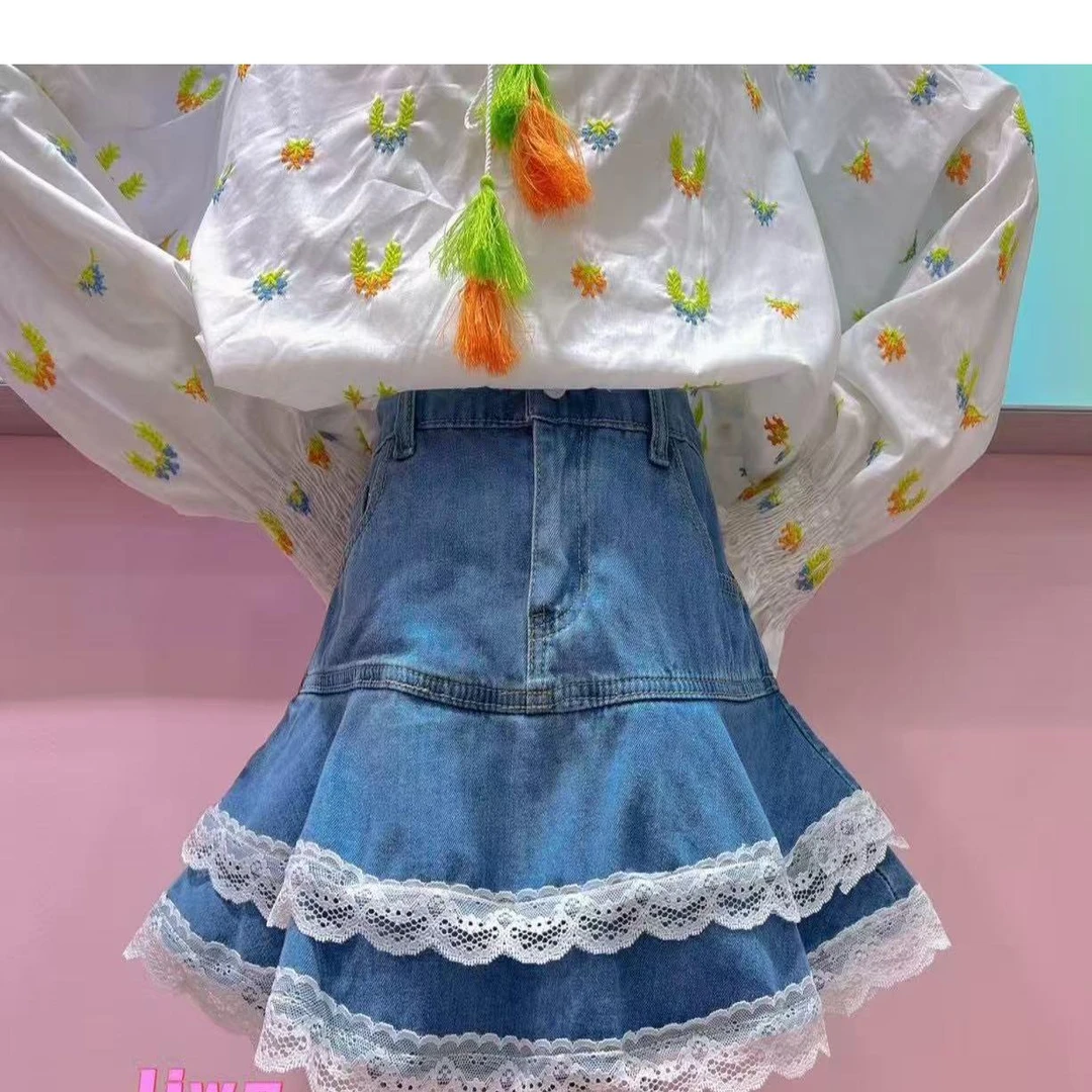 吉娃甜美风牛仔短裙蕾丝花边增添浪漫荷叶裙摆尽显少女元气16209