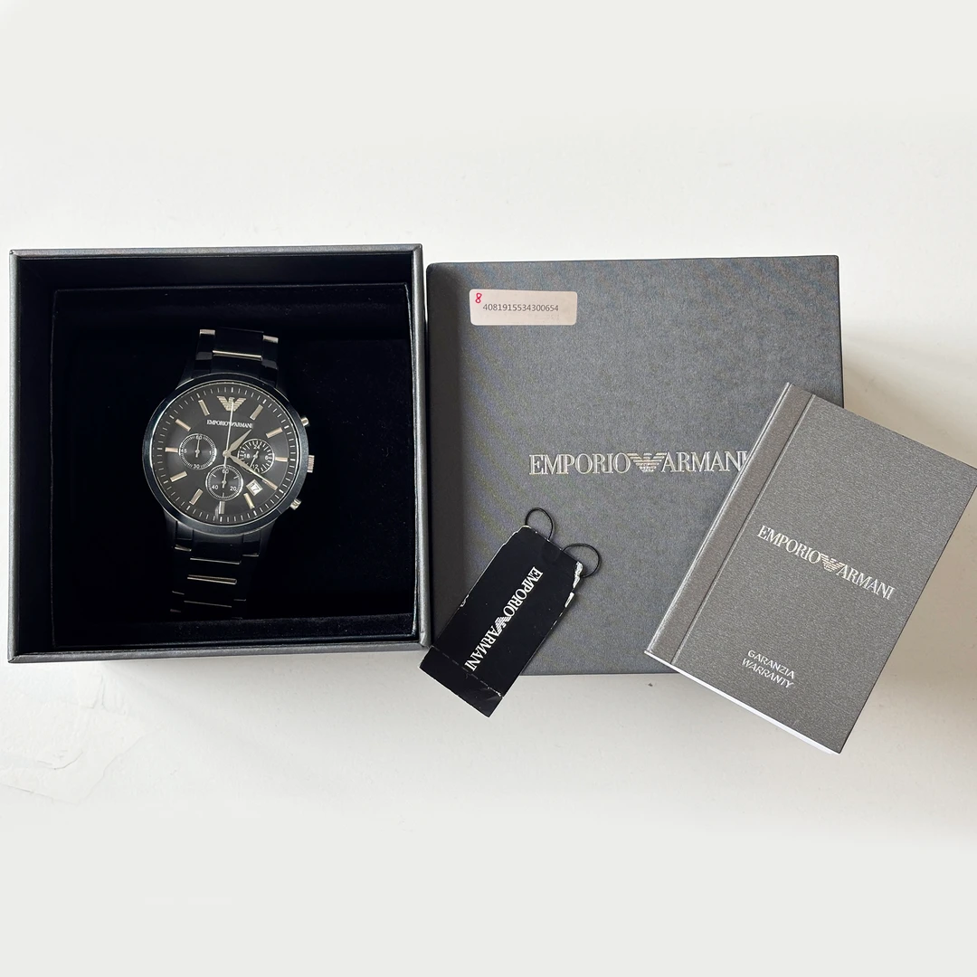95新  EMPORIO ARMANI阿玛尼三眼计时防水石英钢带夜空黑