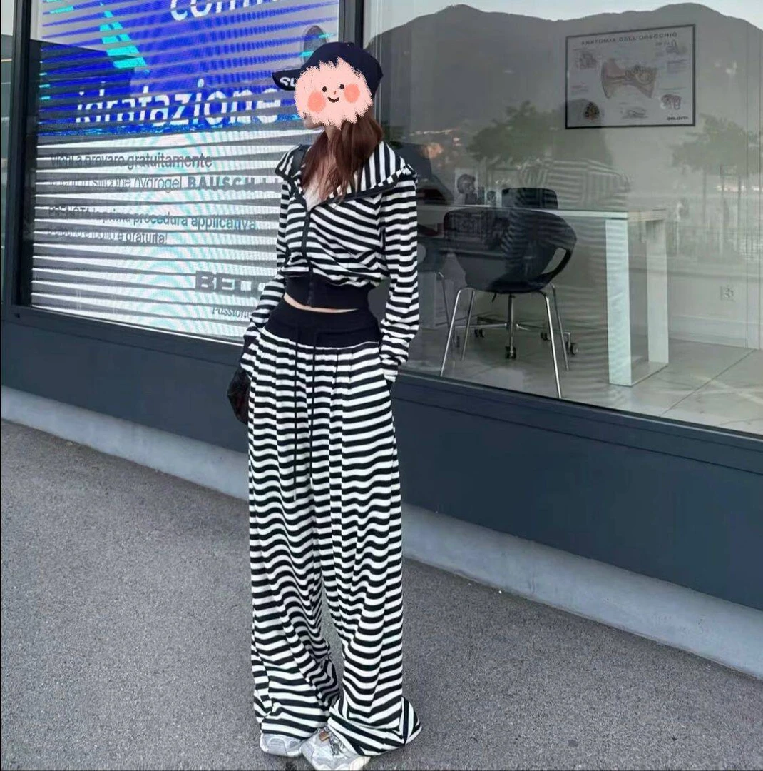 【钟爱条纹】韩系时尚小众连帽拉链上衣垂感抽绳高腰条纹休闲裤套装