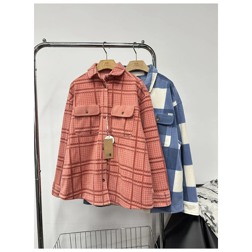 C157  秋冬加厚新款宽松大口袋翻领长袖休闲衬衫女士百搭上衣