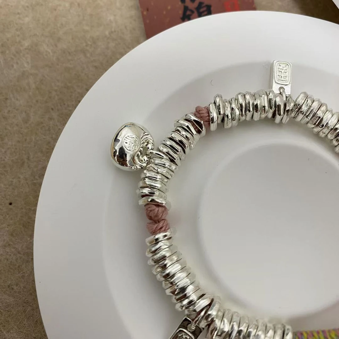 足银手镯 802 盘缠新款藏式古法粉色手串