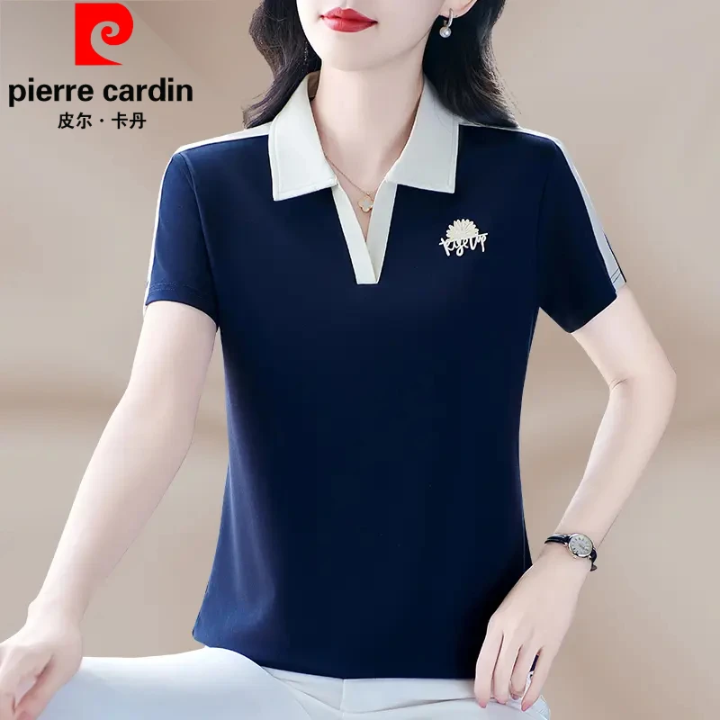 皮尔卡丹翻领短袖T恤女夏装新款夏季时尚洋气冰丝妈妈正肩上衣女