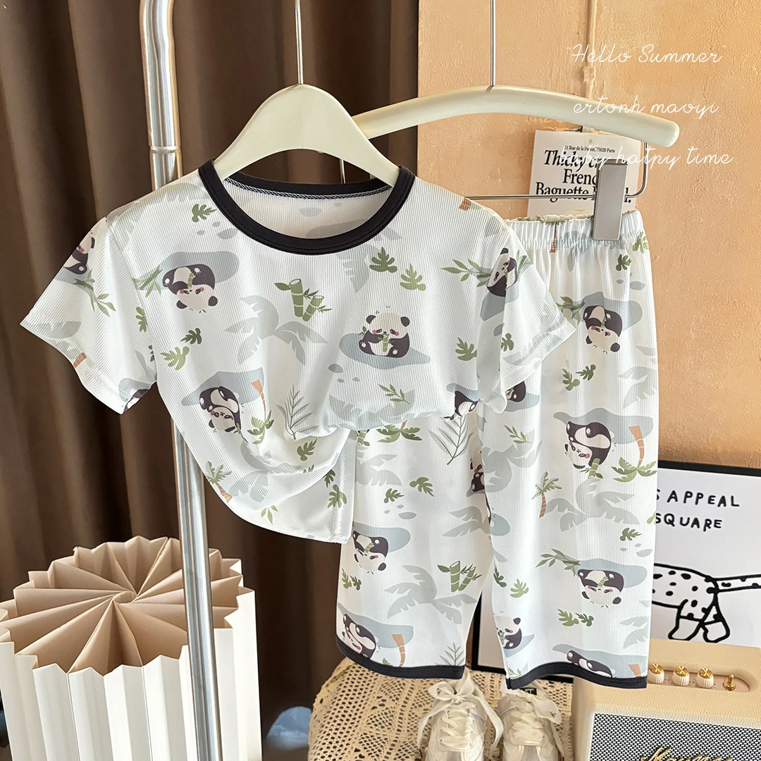 夏季儿童冰丝套装薄款男女童卡通舒适休闲家居服短袖七分裤两件套